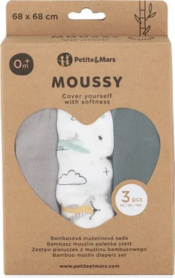 Produktbild von PETITE&MARS Bambus-Musselin-Tücher 3 Stück, Grautöne, 68cm x 68cm (Grey Planes)
