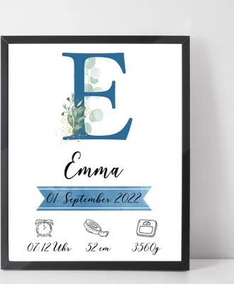 Produktbild von Personalisiertes Geburtsposter Name Uhrzeit Größe Gewicht | Kinderzimmer Babygeschenk | Geburt Baby Poster – A4 (21x29.7cm) / Blau / schwarzer Bilderahmen