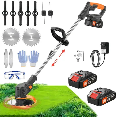 Produktbild von Akku-Rasentrimmer, Elektrischer Rasenschneider mit 2 Batterie und Ladegerät, 90° Trimmwinkel, Teleskop-Stiel & Zusatzhandgriff, Orange