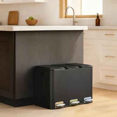 Obrázek produktu pro SONGMICS HOME třídič odpadu se 3 vnitřními koši o objemu 15 l, ocelový odpadkový koš s pedálem, do kuchyně, s víkem, černý