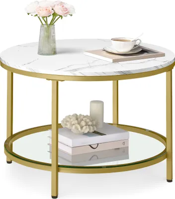 Produktbild von VASAGLE Couchtisch, Wohnzimmertisch, 65 x 46 cm (Ø x H), Marmorweiß-Helles Gold