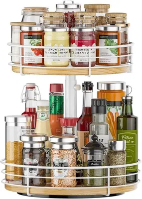 Produktbild von Famanu Drehbarer Kräuterregal Organizer mit 2 Ebenen - Höhenverstellbar, Holz