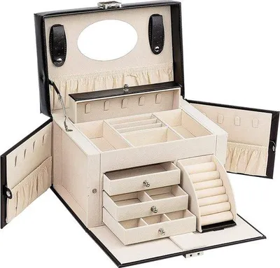 Produktbild von Schmuck-Box, Schmuck-Box mit Spiegel, abschließbar Griff, für Reisen, 4 Ebenen mit 3 Schubladen, Schmuck-Speicher, Geschenkidee für Frauen (Black3)
