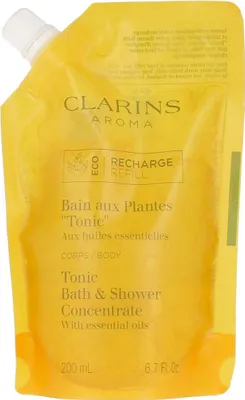 A yellow refill pouch for Clarins Aroma Tonic Bath & Shower Concentrate.