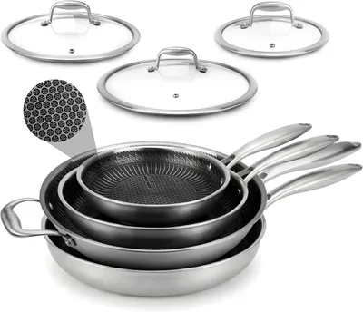 Zdjęcie produktu dla Zestaw patelni NutriChef ze stali nierdzewnej, 7 elementów – patelnie 20 cm, 25 cm, 30 cm + wok Triply z powłoką nieprzywierającą, odporną na zarysowania, nadającą się do gotowania na kuchence indukcyjnej i do pieczenia w piekarniku