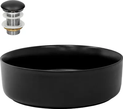 Produktbild von LuxeBath Waschbecken Aufsatzwaschbecken Rund, Ø 36x12 cm, Schwarz, aus Keramik, inkl. Ablaufgarnitur ohne Überlauf