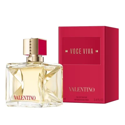 A bottle of Valentino Voce Viva Eau de Parfum and its red packaging are displayed against a white background.