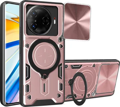 Produktbild von Handyhülle für Tecno Camon 30 Pro 5G Dual-Layer Stoßfest Rüstung Hülle mit Dia Kameraschutz und Kreisförmig Ring Ständer Roségold