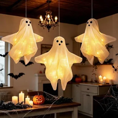 Productafbeelding van Halloween decoratie geesten 45 cm - set van 3 - met LED verlichting - voor binnen en buiten - Vemera