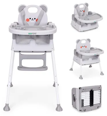 Zdjęcie produktu dla Fotelik krzesełko do karmienia dzieci 3w1 podwójna tacka 5-punktowe pasy szary ECOTOYS