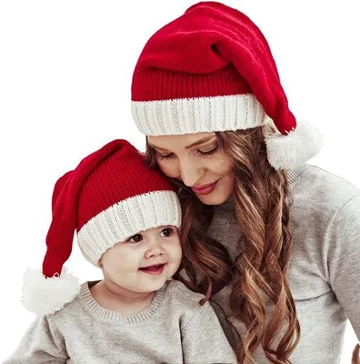 Obrázek produktu pro Uniqoos® Sada 2 roztomilých, ručně pletených vánočních čepiček pro rodiče a dítě – vyrobené z teplé, měkké akrylové příze, elastické (pro dospělého + kojence), vhodné pro ruční praní