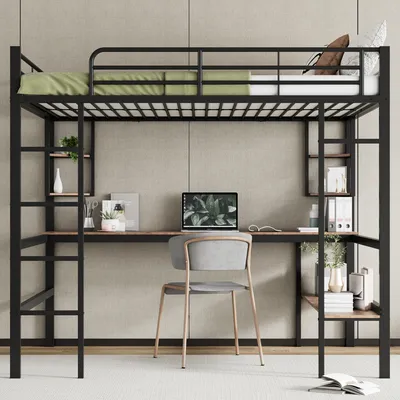 Produktbild von 140x200cm Metall Hochbett mit Schreibtisch, Stauraumregalen und Bücherregal, für Kinder & Jugendliche, robustes Eisenbett, platzsparend, schwarz