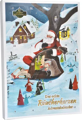 Santa Claus is delivering gifts in a snowy village scene, depicted as an advent calendar.