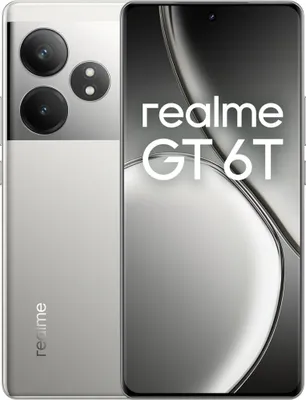A product shot of a Realme GT 6T 5G smartphone in Fluid Silver.