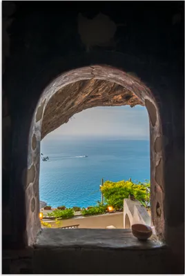 Produktbild von MuchoWow® Poster Blick auf das Meer durch ein Steinfenster 120x180 cm - Kunstposter