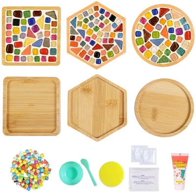 Image de Kit de loisirs créatifs "Mosaïque" : 3 supports en verre et en bois pour créer des mosaïques, idéal pour un cadeau original