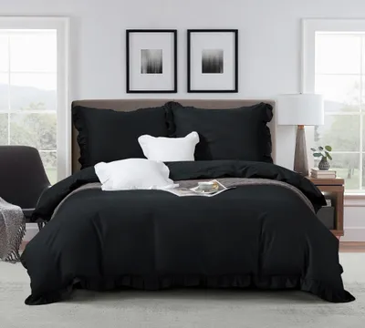 Zdjęcie produktu dla Czarna Pościel Premium Ruffy 140x200cm z satyny bawełnianej OEKO-TEX®