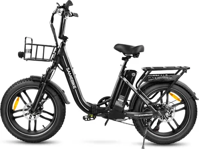 A black electric bicycle is shown against a white background.