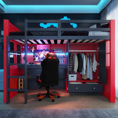 Produktbild von Flieks Etagenbett 90x200cm mit Schreibtisch und Ablagen, Hochbett Jugendbett mit Led und Ladefunktion, Kinderbett mit Kleiderschrank, Schwarz