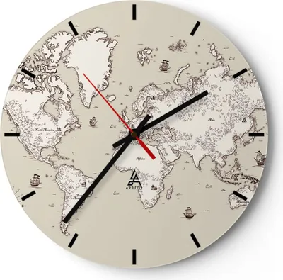 Produktbild von Wanduhr - Rund - Glasuhr - Karte Welt Klassiker Kontinente - 40x40cm - Schleichendes Uhrwerk - Lautlos - zum Aufhängen bereit - Dekoration Modern - Wanddekoration aus Glas - C3AR40x40-2910