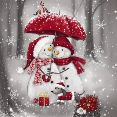 Produktbild von 20 Servietten Snowmen with Umbrella - Schneemänner mit Regenschirme 33x33cm