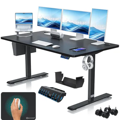 Produktbild von KESSER® Schreibtisch elektrisch & höhenverstellbar Computertisch Ergonomisch Stehen & Sitzen 3-Memory 360° Rollen USB-Ladeanschluss 160x70cm Schwarz