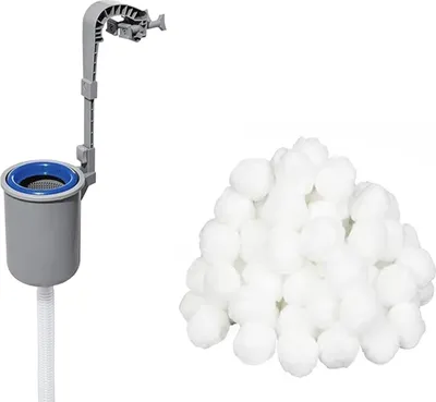 Produktbild von Bestway | Einhängeskimmer Starter-Kit mit 500 g Filterbälle | Skimmer für Filtersysteme | Geeignet für Filteranlagen ab 2.006 l/h | zur automatischen Reinigung der Wasseroberfläche