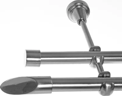 Produktbild von Gardinenstange Set Edelstahl Look Metall Ø 19mm zur Wandbefestigung 2-lauf Schräge, Länge wählbar H28 E66 E61