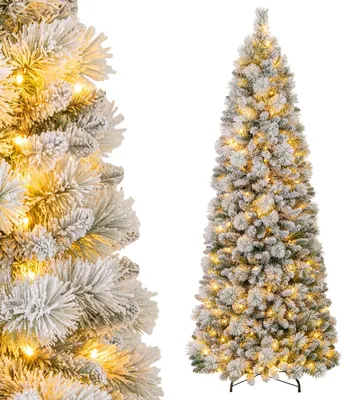 Zdjęcie produktu dla Choinka świąteczna rozkładana, 210 cm, z oświetleniem, sztuczna choinka z efektem śniegu, 200 ciepłobiałych diod LED oraz 680 końcówek gałęzi wykonanych z PVC, metalowa podstawa