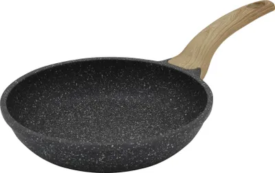 A frying pan with a speckled black interior and a light brown wooden handle is shown against a white background.