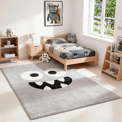 Produktbild von Moderner weicher Kinderteppich mit Monster Gesicht, grau, 160 x 220 cm