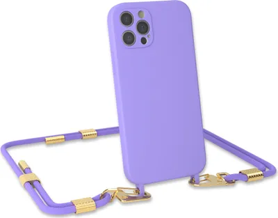 Produktbild von EAZY CASE Handykette Silikon mit Clips 2 in 1 kompatibel mit Apple iPhone 12 Pro Handyhülle mit Umhängeband, Handykordel mit Silikon, Hülle mit Band, Lila - Clips Gold