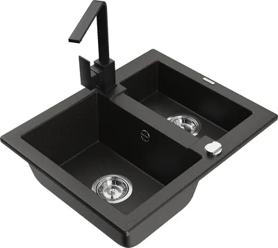 Produktbild von Mexen Carlos 1,5-Becken-Granitspüle mit Mischbatterie Rita, Schwarz/Gold metallisch - 6518-75-670300-70