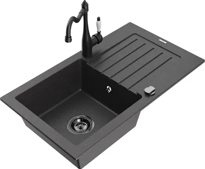 Produktbild von Mexen Pablo 1 Becken-Granitspüle mit Abtropffläche und Mischbatterie Carla, Schwarz gesprenkelt - 6510-76-670700-70-B