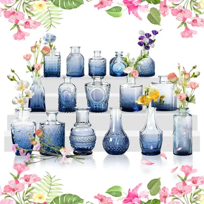 Produktbild von TWOLIIN Kleine Vasen für Tischdeko, Vintage Mini Blumenvasen, Glasvasen für Hochzeit, Babyparty, Wohnungsdeko, Kleine Dekovasen für Blumen Pflanzen oder Geschenk,Blau 32er Set