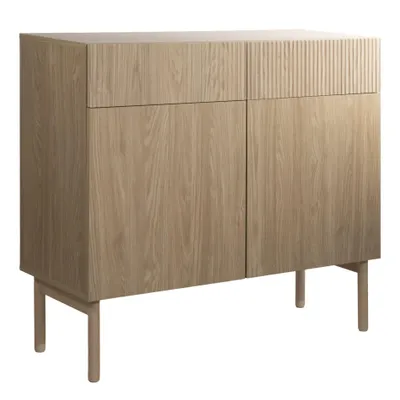 A wooden sideboard with two doors and two drawers, shown from the front on a white background.