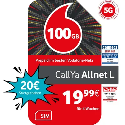 Produktbild von Vodafone Prepaid CallYa Allnet L | 100 GB | 20 EUR Guthaben | ohne Vertrag | 5G | Allnet Flat | EU-Roaming | weltweit nutzbar
