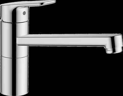 A chrome kitchen faucet against a black background.