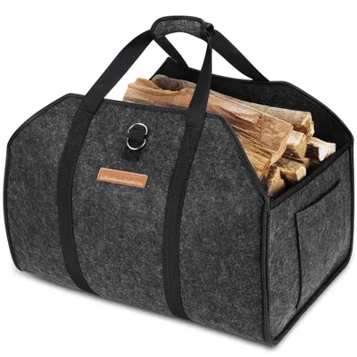 Produktbild von Filz Holzkorb XL 50x35x23cm Schwarz mit Festseilen, 50L, 38kg belastbar