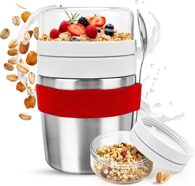 Produktbild von Müslibecher 500 ml, 220 ml Joghurtbecher, auslaufsicher, Edelstahl 304, mit Löffel, für unterwegs