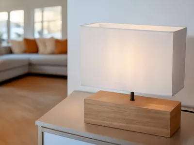 Produktbild von Kleine LED Tischleuchte 1 flammig Holzfuß & Stofflampenschirm in Weiß, Höhe 30cm