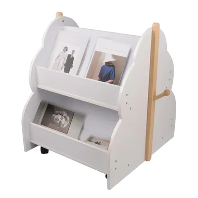 Produktbild von Kinder Bücherregal Holz, Montessori Bücherregal Kinder, Bücherkiste Kinder für Leseecke,Spielzeugregal mit Räder, Mehrzweck Organizer 50x54x61cm Weiß