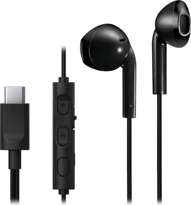 Produktbild von USB-C Ohrhöhrer mit eingebautem DAC für kraftvollem und kristallklarem Klang, praktischem Mikrofon und 3-Tasten-Fernbedienung in äußerst kompakter