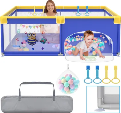 Image de LZQ Parc bébé 200x180cm, Barrière de sécurité bébé avec filet respirant et porte zippée, Aire de jeux sécurité enfant, Antidérapant Bébé Playpen, Bleu avec motifs d'animaux