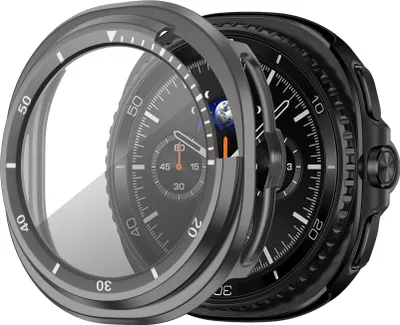 Produktbild von Bandz PC-Hartschalenetui mit Bildschirmschutz - passend für Samsung Galaxy Watch 8 Classic - Hartplastik-Schutzhülle mit Lünette - Vollschutz (titangrau/weiß)