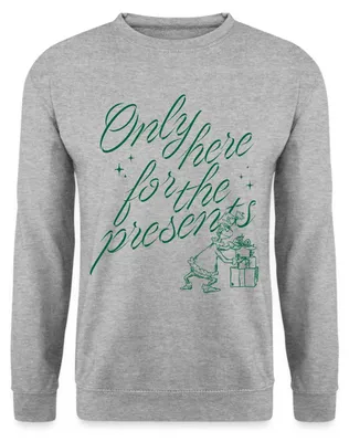 Produktbild von Spreadshirt Der Grinch Spruch Only Here For The Presents Uni Pullover, XXL, Weißgrau meliert