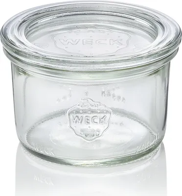 A clear glass jar with a lid, branded 'WECK'.