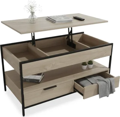 Obrázek produktu pro Konferenční stolek Relaxdays, rozkládací, 2 zásuvky, 4 přihrádky, š x h x v 48 x 100 x 50 cm, industriální konferenční stolek, světle hnědý/černý