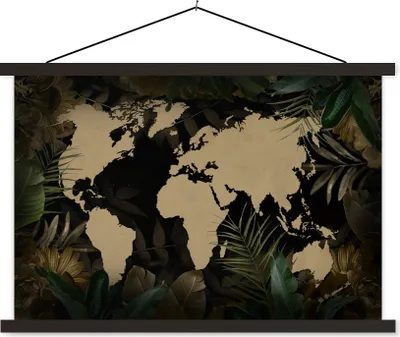 Produktbild von MuchoWow® Textilposter Weltkarte - Tropische Pflanzen - Blumen 90x60 cm mit schwarzem Rahmen - Aufhängungssatz