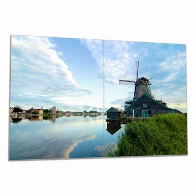 Produktbild von Wallario Herdabdeckplatte aus Glas, Größe 80 x 52 cm 2-teilig, Motiv Alte Windmühle an einem Fluss